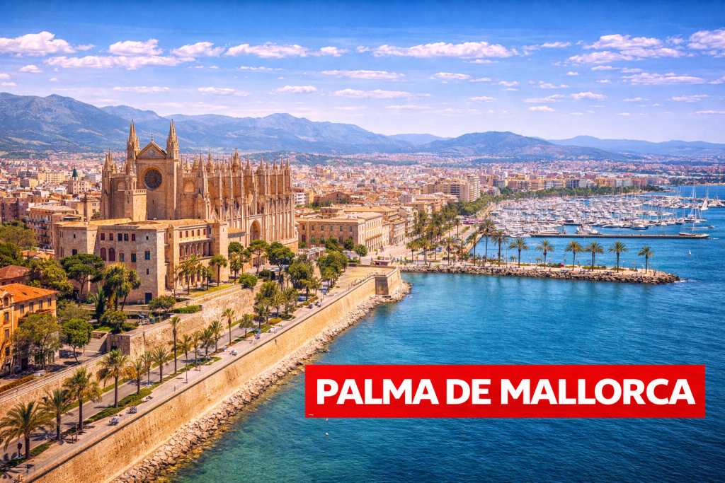 Palma de Mallorca mit Kathedrale La Seu, Hafen und mediterraner Altstadt.