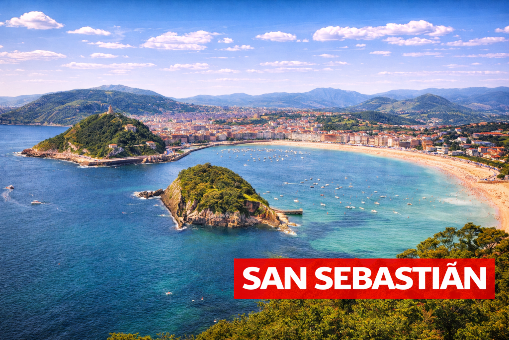 San Sebastián mit La Concha Bucht, Strandpromenade und Altstadt am Atlantik.