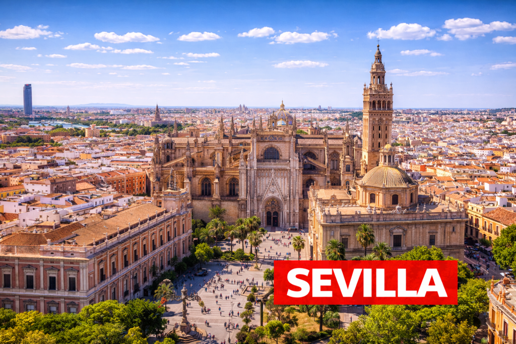 Sevilla mit Kathedrale, Giralda-Turm und historischer Altstadt mit andalusischer Architektur.