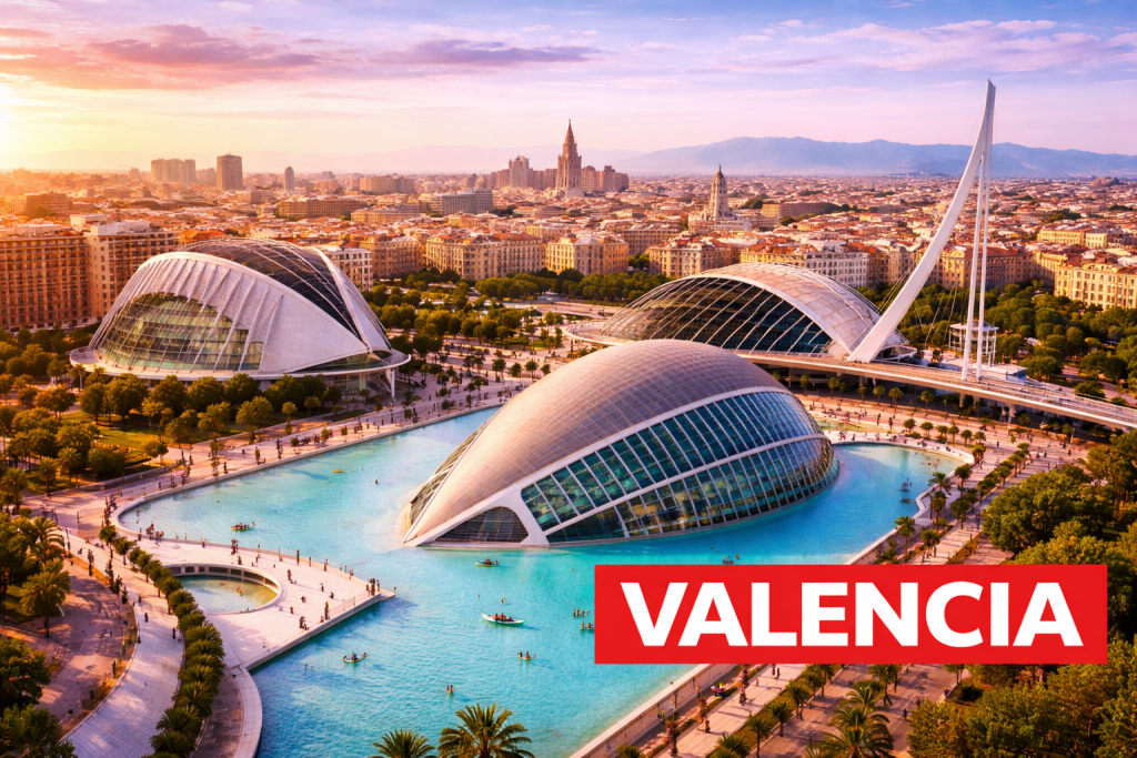 Valencia mit moderner Architektur der Ciudad de las Artes y las Ciencias und mediterraner Küste.