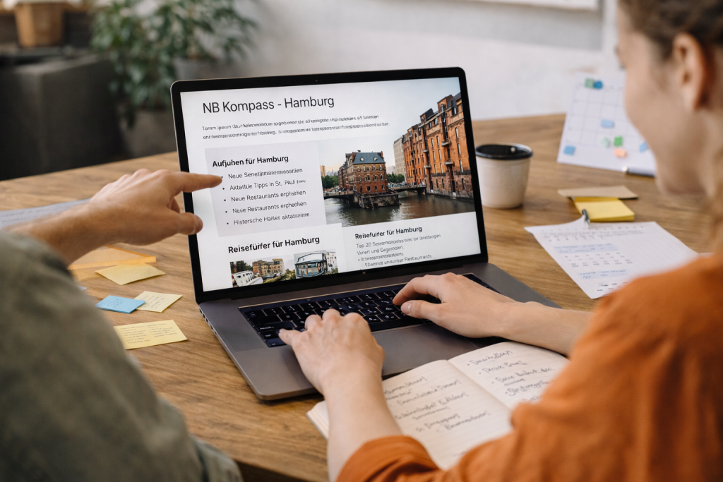 Redaktionsteam aktualisiert Inhalte eines Städte-Guides auf einem Laptop