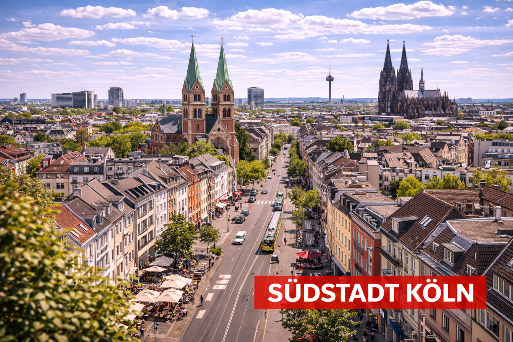 Südstadt in Köln mit Gründerzeit-Altbauten, Straßenbahn und der Kirche St. Severin im Hintergrund.
