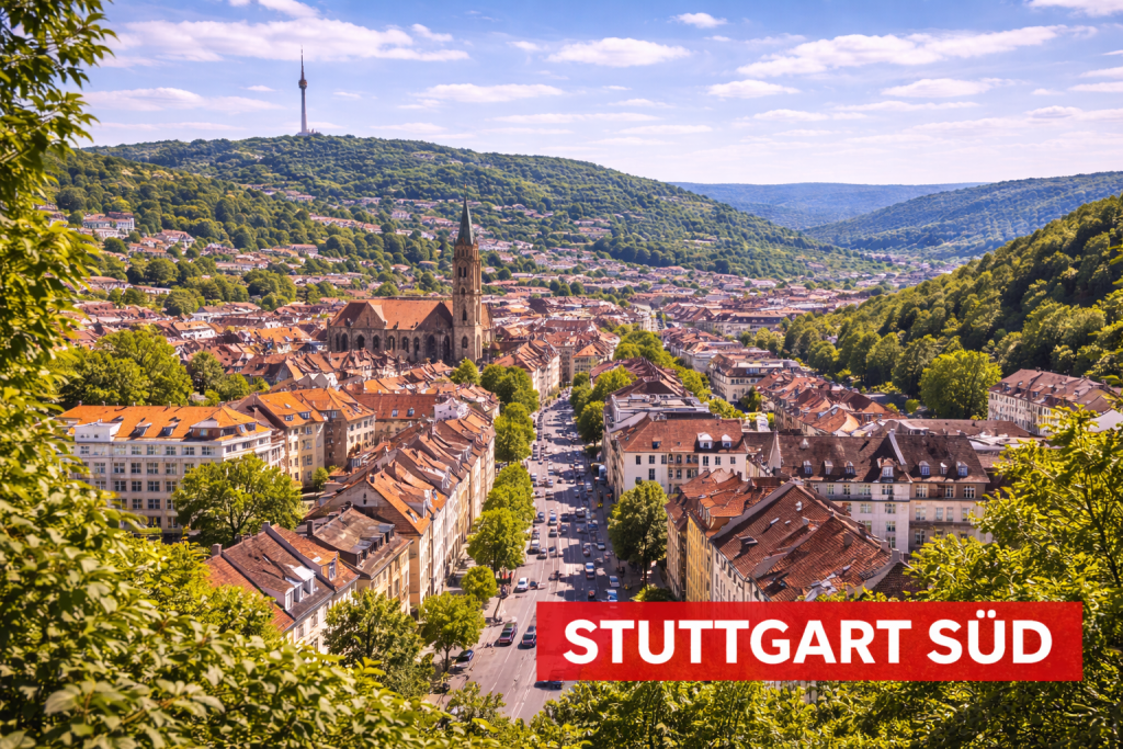 Stuttgart-Süd mit Wohnhäusern, Kirche und Blick auf den Fernsehturm in grüner Umgebung.