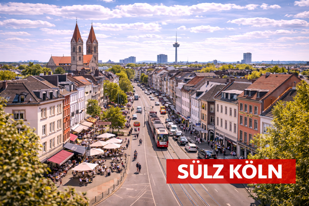 Kölner Viertel Sülz mit Straßenbahn, Cafés und Wohnhäusern entlang einer belebten Straße.