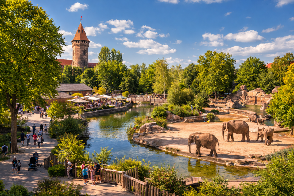 Der Tiergarten Nürnberg mit großzügigen Gehegen, Wasserflächen und Waldlandschaft, einer der größten und naturnahsten Zoos Deutschlands.