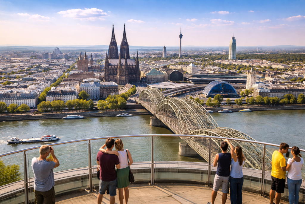 Panoramablick vom KölnTriangle Aussichtspunkt auf Kölner Dom, Hohenzollernbrücke und den Rhein.