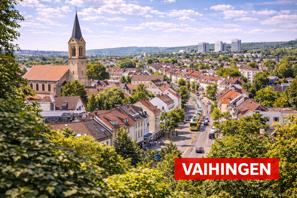 Stuttgart-Vaihingen mit Kirche, Straßenbahn und Wohnhäusern in grüner Umgebung.