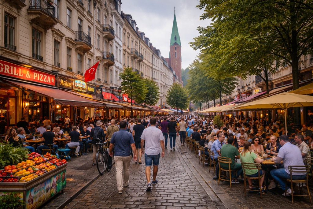 Belebte Straße im Viertel St. Georg in Hamburg mit Restaurants, Marktständen und vielen Menschen.