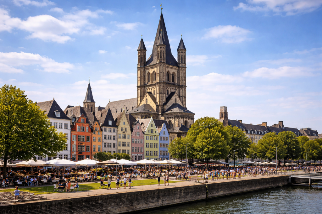 Kirche Groß St. Martin in Köln mit bunten Altstadthäusern und Rheinpromenade bei Sonnenschein.