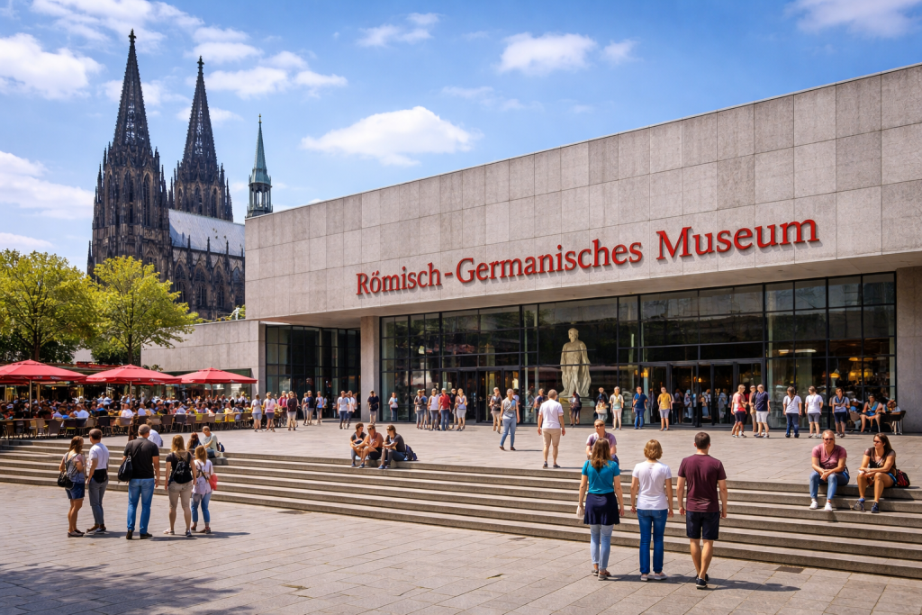 Römisch-Germanisches Museum in Köln mit moderner Fassade und Kölner Dom im Hintergrund.