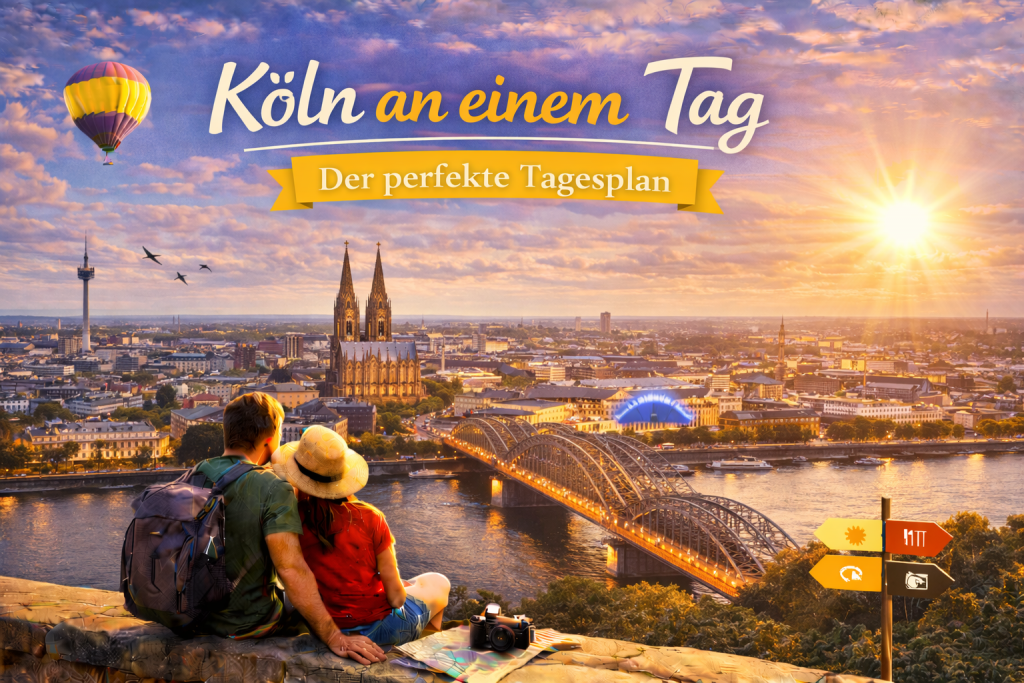 Panorama von Köln mit Kölner Dom, Hohenzollernbrücke und Rhein im Abendlicht, während ein Paar mit Rucksäcken auf einer Mauer sitzt und über die Stadt blickt.