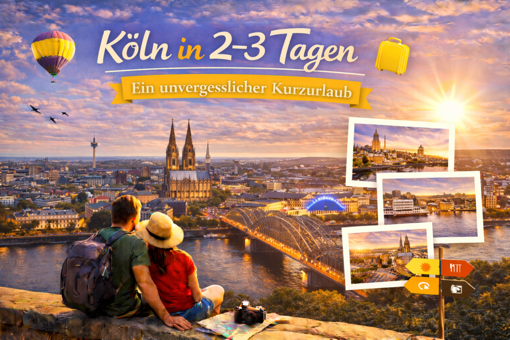 Blick über Köln mit Kölner Dom, Rhein und Hohenzollernbrücke bei goldenem Sonnenuntergang, ergänzt durch kleine Bildkarten mit Highlights der Stadt.
