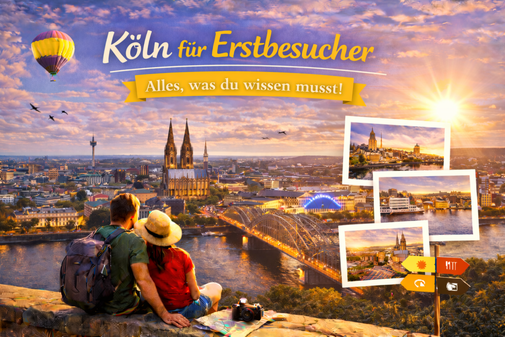 Weitblick über Köln mit Kölner Dom, Rhein und Hohenzollernbrücke im warmen Abendlicht, ergänzt durch kleine Bildausschnitte mit bekannten Sehenswürdigkeiten.
