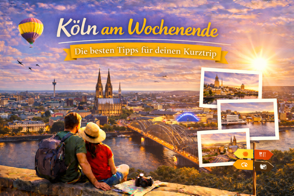 Stimmungsvolle Aussicht auf Köln mit Kölner Dom, Rhein und historischer Altstadt, ergänzt durch kleine Motive mit Sehenswürdigkeiten für einen Wochenendtrip.