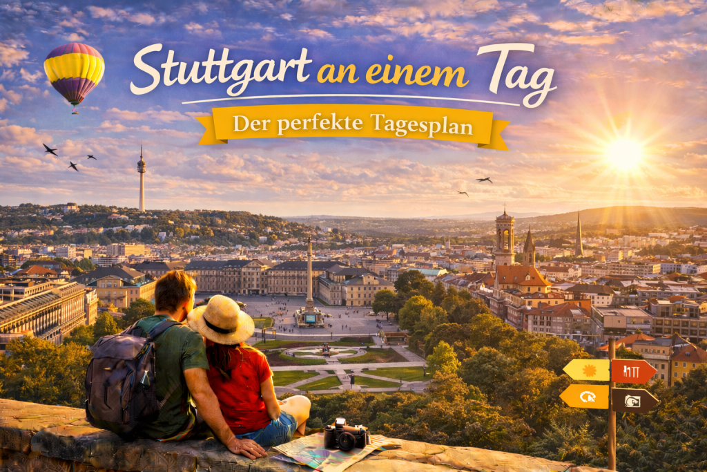 Panorama von Stuttgart mit Schlossplatz, Jubiläumssäule und Fernsehturm im Abendlicht, während ein Paar mit Rucksäcken auf einer Mauer sitzt und über die Stadt blickt.