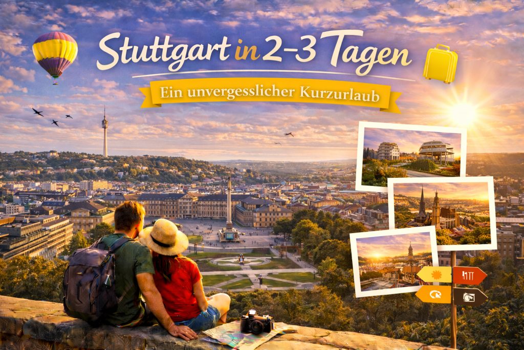 Blick über Stuttgart mit Schlossplatz, Neuem Schloss und Fernsehturm bei goldenem Sonnenuntergang, ergänzt durch kleine Bildkarten mit Highlights der Stadt.