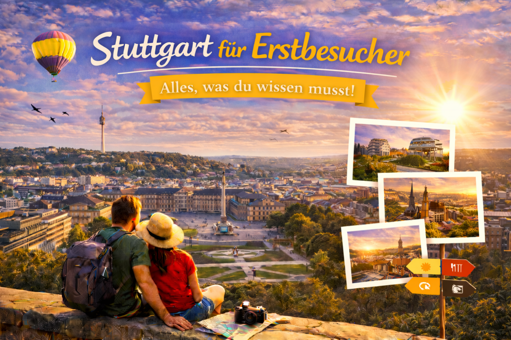 Weitblick über Stuttgart mit Schlossplatz, Jubiläumssäule und historischer Innenstadt im warmen Abendlicht, ergänzt durch kleine Bildausschnitte mit bekannten Sehenswürdigkeiten.