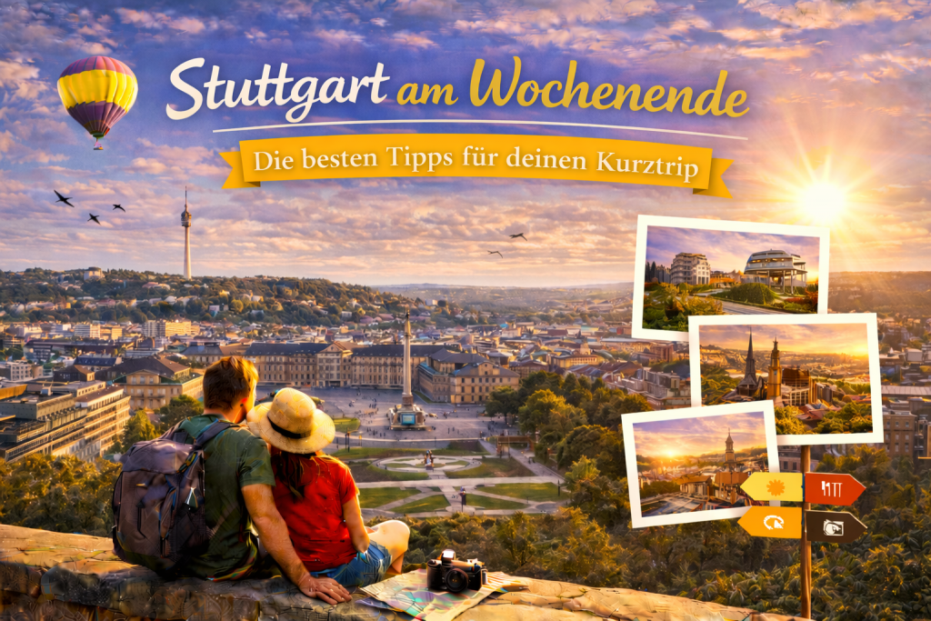 Stimmungsvolle Aussicht auf Stuttgart mit Schlossplatz, Stiftskirche und den Hügeln der Stadt, ergänzt durch kleine Motive mit Sehenswürdigkeiten für einen Wochenendtrip.